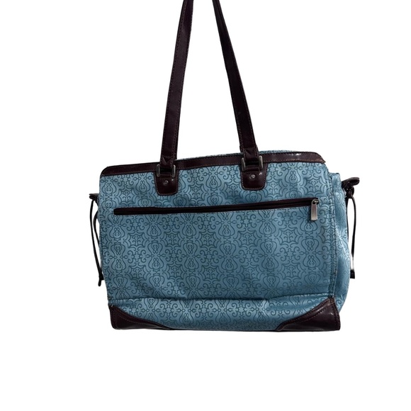 Reba Teal & Dark Brown Trim Patterned Zip Tote/Carry All Timeless Elegance - Picture 6 of 15